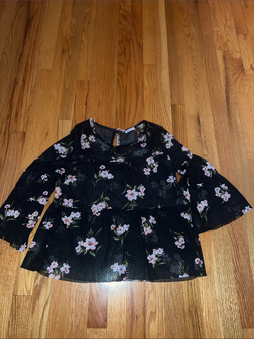 Black Floral Tiered Peplum Blouse with Bell Sleeves